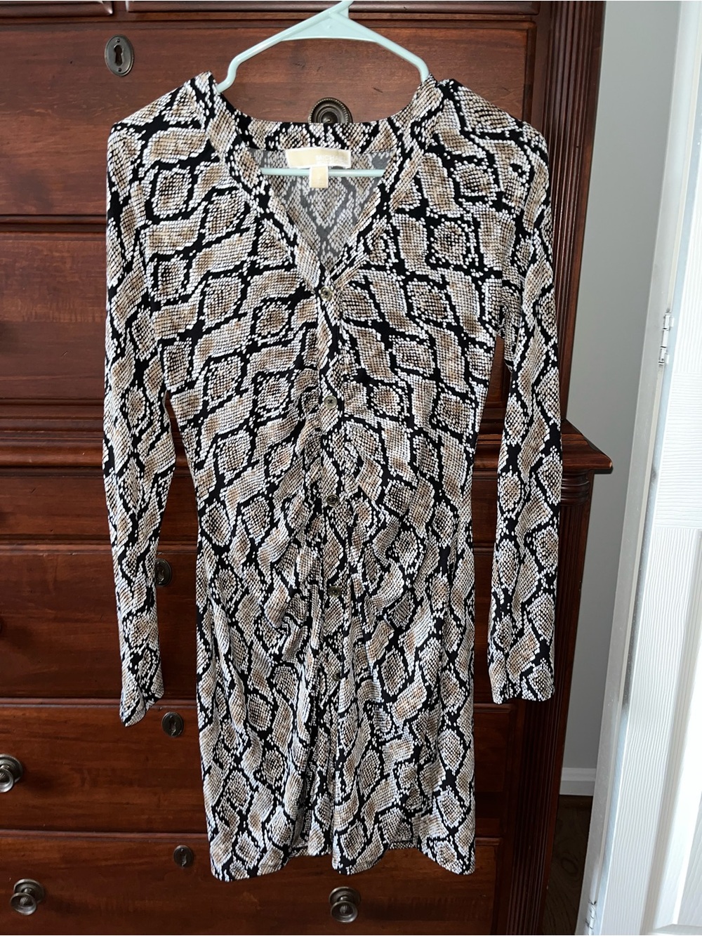 Michael Kors Long Sleeve Snake Print Dress in Black and Tan